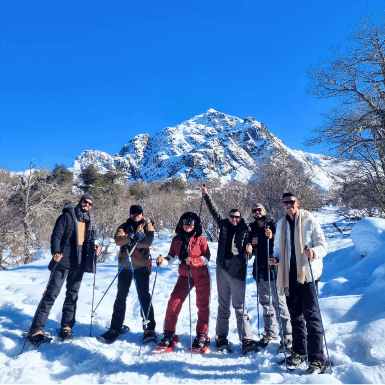 grupo de amigos con equipo de montaña en la nieve