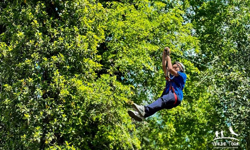 Un joven deslizándose por tirolesa entre bosques verdes